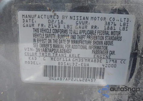 2018 Nissan Sentra Sv z USA, uszkodzony, nr VIN 3N1AB7AP2JL628457